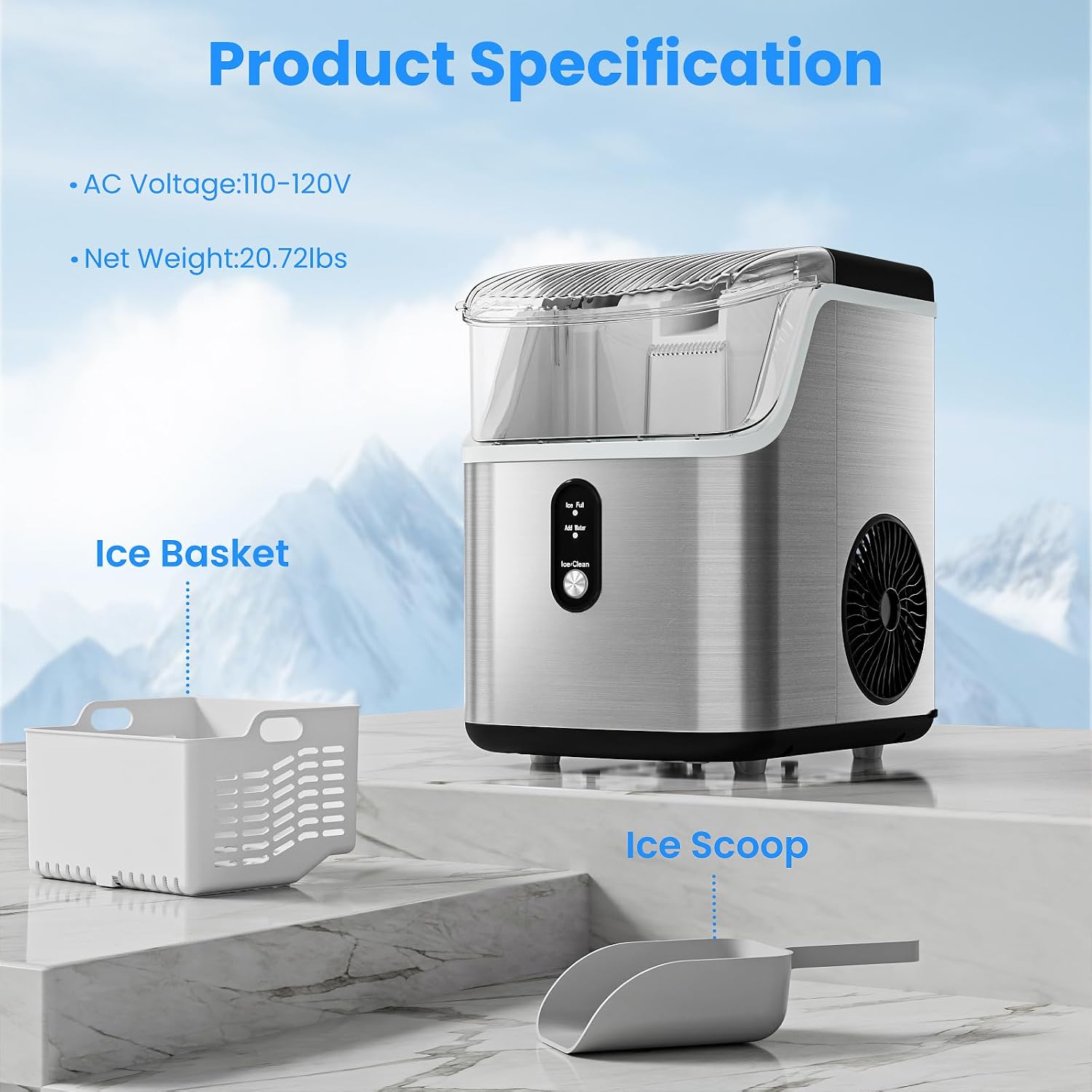 Antarctic Star Nugget Ice Makers Countertop, Portable Ice Maker Machine with Self-Cleaning, 35lbs/24H, Crushed Ice Machine with Handle & Scoop for Home, Kitchen, Office and Camping(Stainless Steel)