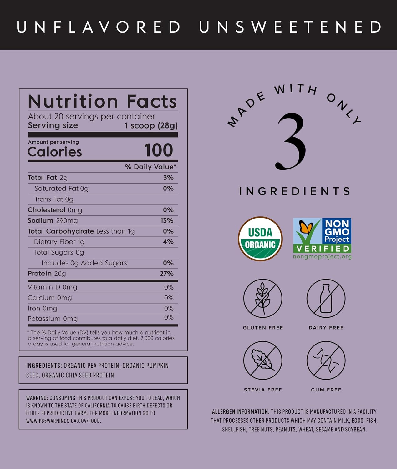 Truvani Organic Plant Based Protein Powder | Unflavored | 20 Servings