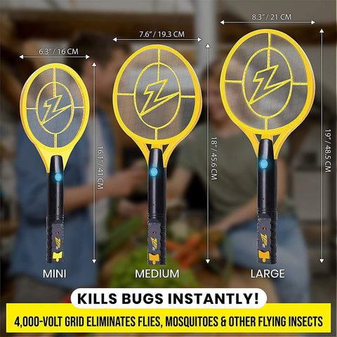 ZAP IT! Rechargeable Electric Fly Swatter Racket - 4,000-Volt Mosquito Zapper with USB Charging Cable and Super-Bright LED Light -Small- Safe 3-Layer Mesh, Yellow, Bug Zapper for Indoors and Outdoors