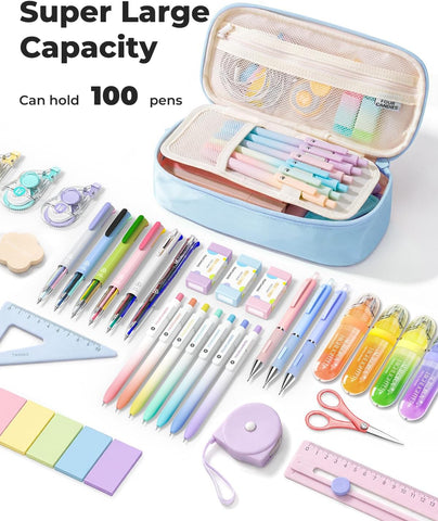 Four Candies Large Pencil Case, 5 Compartments Canvas Pen Organizer
