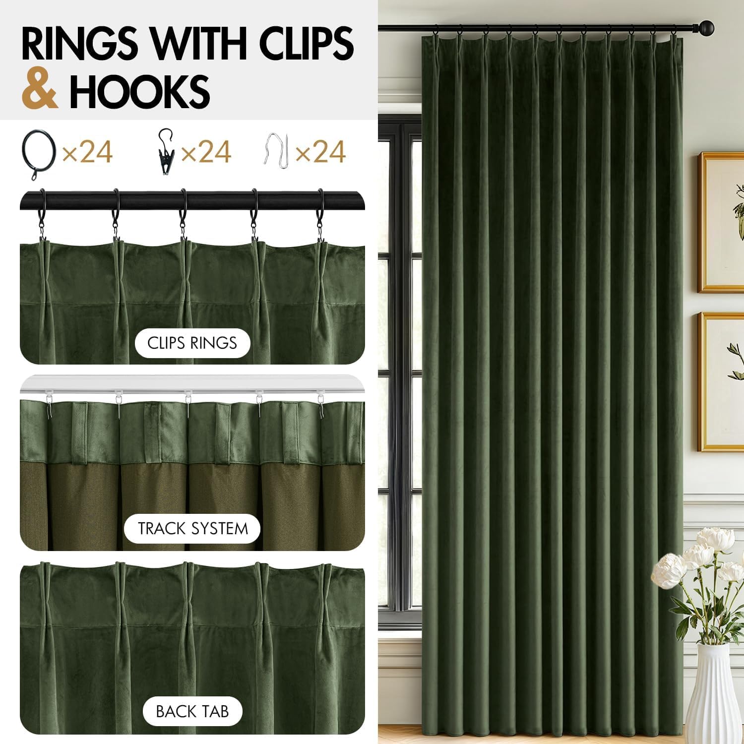 MIULEE Velvet Pinch Pleated Extra Wide Olive Green Blackout Curtains 70x84