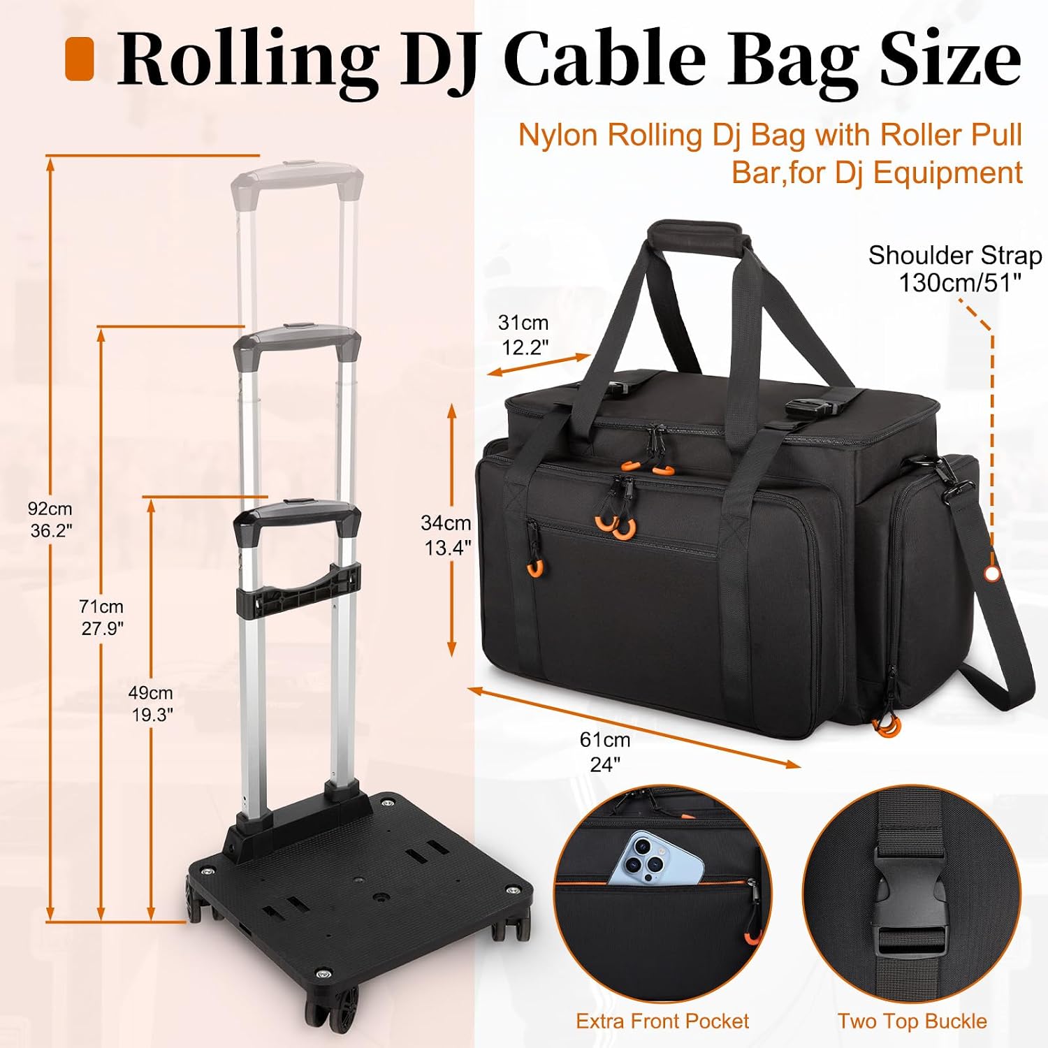 Large Rolling Dj Cable Bag with Detachable Dividers, Bottom Pad