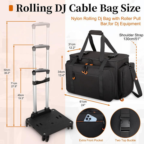 Large Rolling Dj Cable Bag with Detachable Dividers, Bottom Pad