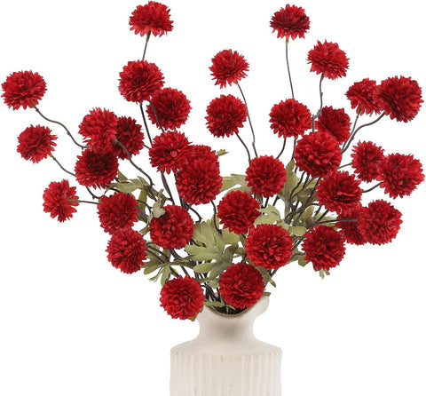 DuHouse 6pcs Faux Silk Pompon Mum Small Chrysanthemum Ball Dark Red