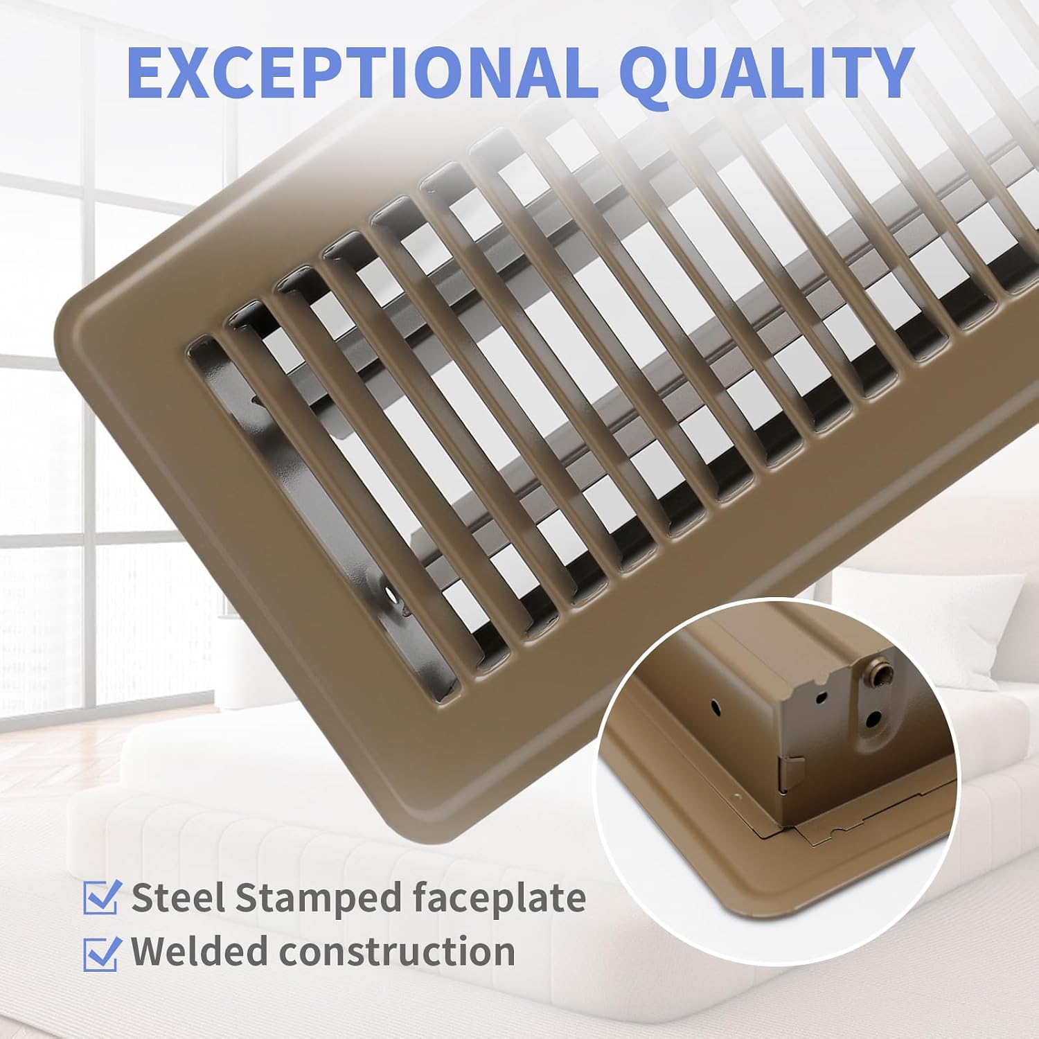 Howeall 4" x 8" Floor Register - Heavy Duty Steel Walkable Floor Vents - Easy Adjust Air Supply Lever - Vent Covers for Home (Brown)