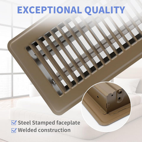 Howeall 4" x 8" Floor Register - Heavy Duty Steel Walkable Floor Vents - Easy Adjust Air Supply Lever - Vent Covers for Home (Brown)