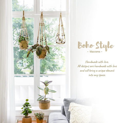 Mkono Macrame Plant Hanger Indoor 35 Inch Hanging Planter Basket Brown 3Pcs