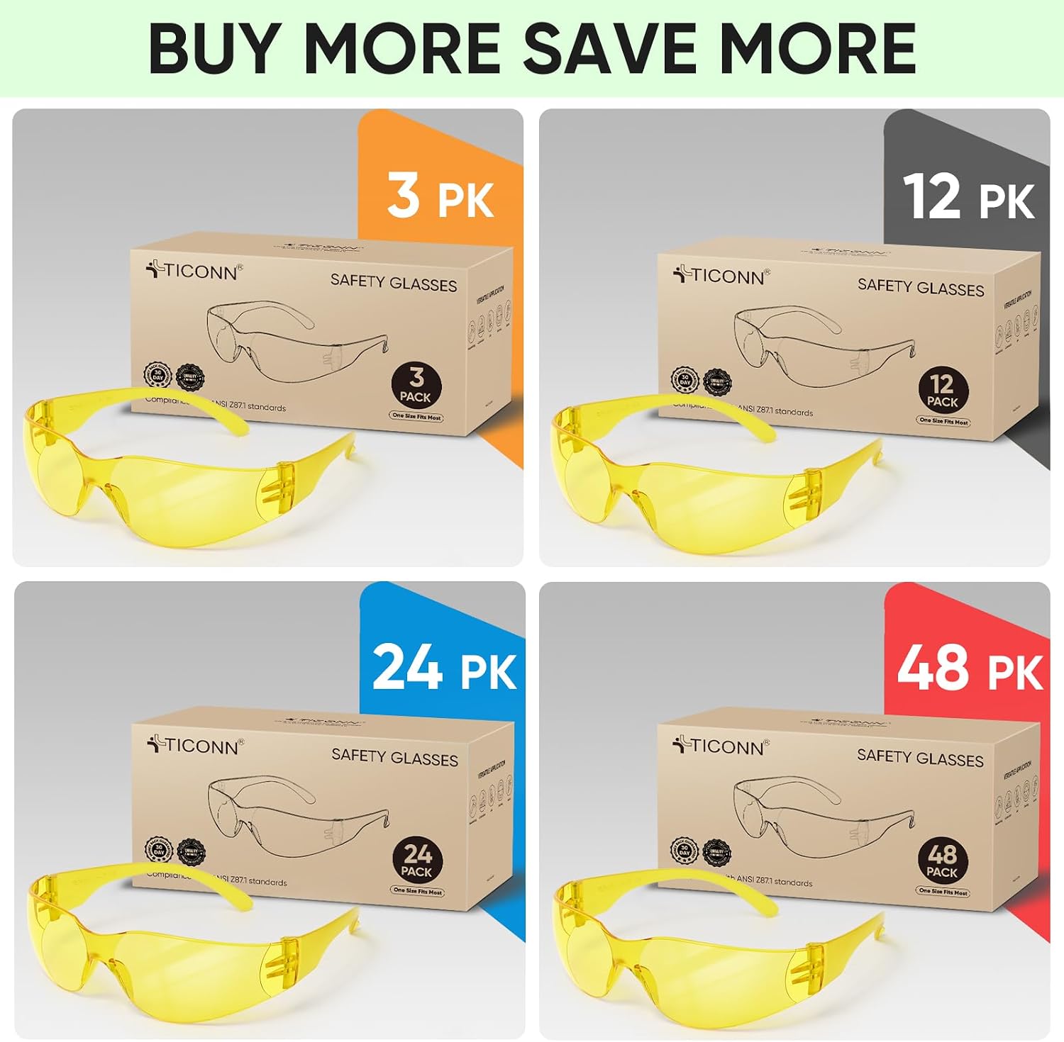 TICONN Clear Safety Glasses for Men & Women, ANSI Z87.1 Safety Goggles