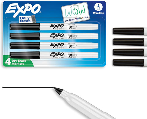 EXPO Dry Erase Markers, Low Odor Ink, Black, Ultra Fine Tip, 4 Count