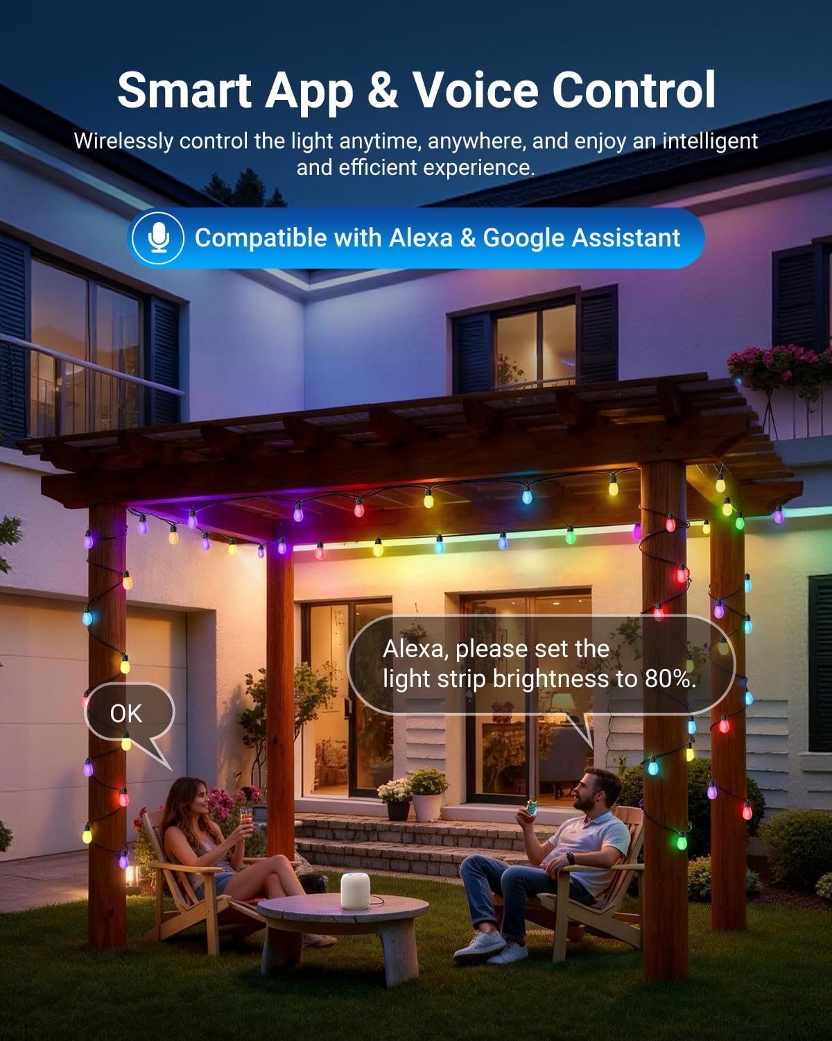NEEWER NR01 96ft Outdoor String Lights, App Control Smart AI RGBW Lighting