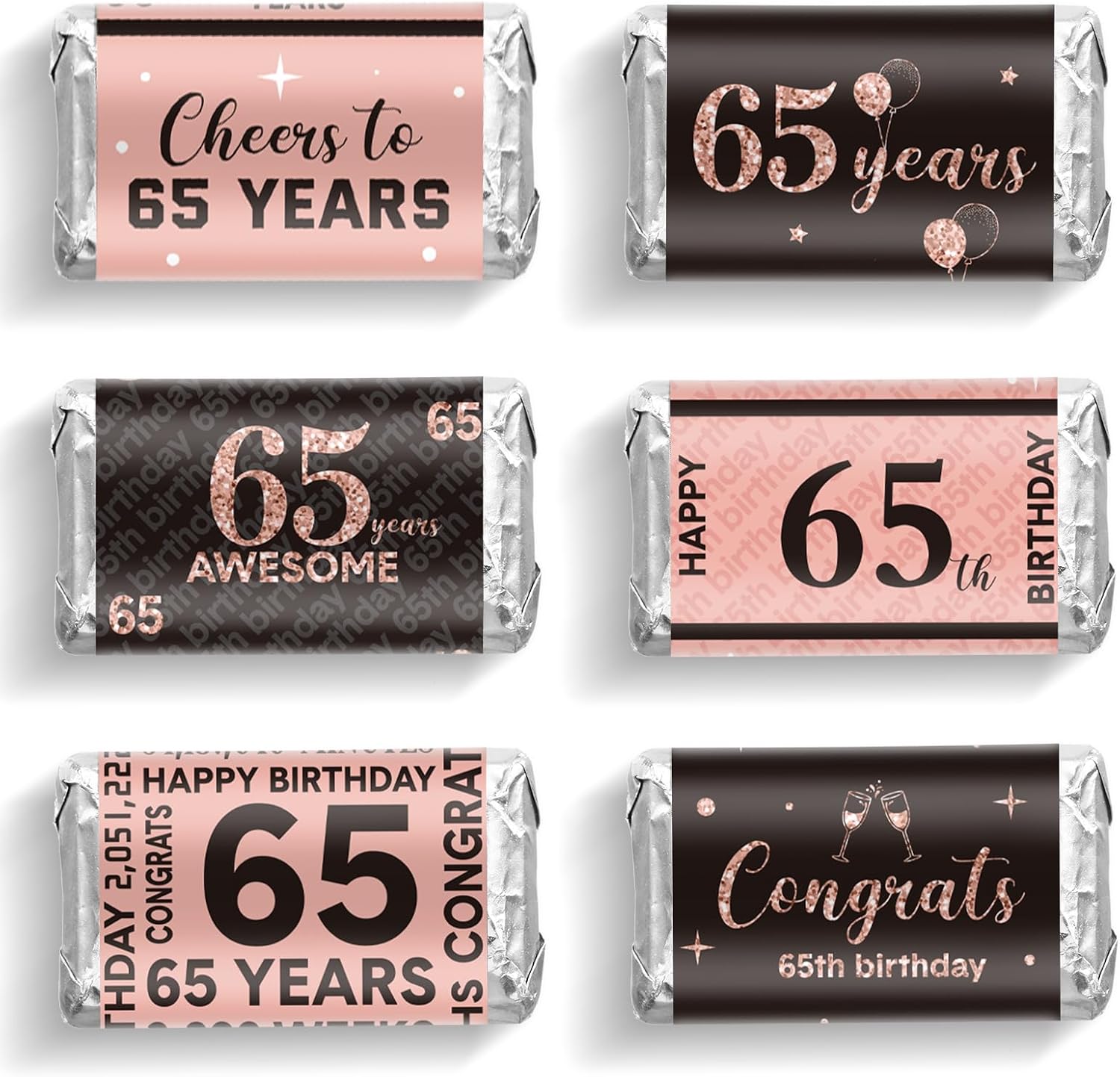 Tenare 90 Pcs 65th Birthday Candy Wrappers, Pink Stickers