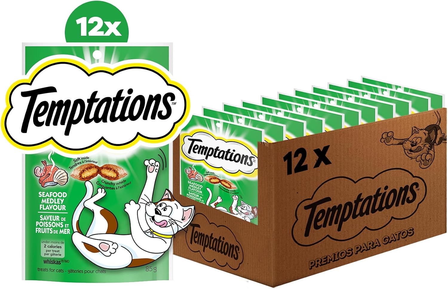 Temptations Classic Crunchy and Soft Cat Treats, Seafood Medley, 3 oz, 12pk