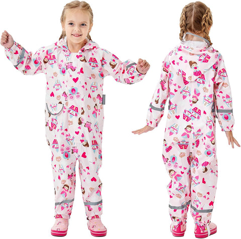 Fewlby Kids Toddler Rain Suit for Boys Girls One Piece Hoodie Zipper Cartoon Waterproof Coverall Rain Jacket 1-10 Years