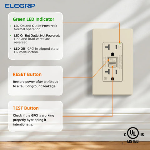 ELEGRP GFCI Outlet 20 Amp, Self-Test GFI Electrical Outlet with Thinner Design, TR Tamper Resistant GFCI Receptacle, Ground Fault Circuit Interrupters with Wall Plate, UL Listed, Light Almond, 1 Pack