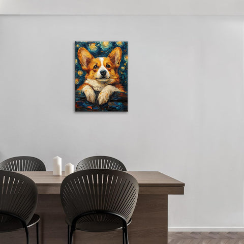 Corgi Starry Night Canvas Wall Art Animal Pictures for Kitchen Living Room Bedroom Bathroom Office,Corgi Abstract Print Dog Painting Home Modern Art Work Framed Wall Art Decor 16" x 12"