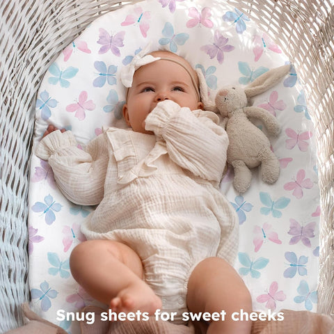 Baby Bassinet Sheets Girl, 3 Pack Fitted Bassinet Mattress Sheets, Compatible with Halo Bassinest Swivel Sleeper&Oval Hourglass Rectangle Mattress,Ultra Soft Butterfly Floral