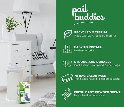 Diaper Pail Refill Bags for Ubbi, 75 Count, Odor Control, Tear-Resistant