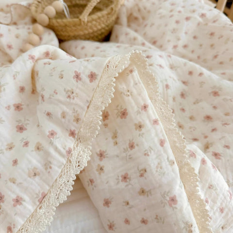 BuLuTu Cotton Muslin Toddler Quilt Blanket for Girls Boys Cute Pink Floral Toddler Quilts Soft Lightweight Crib Blankets Children Bed Blankets, Machine Washable, 47x59 Inches