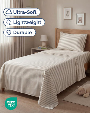 Twin Size 3 Piece Sheet Set - Breathable & Cooling Sheets - Beige Stripes