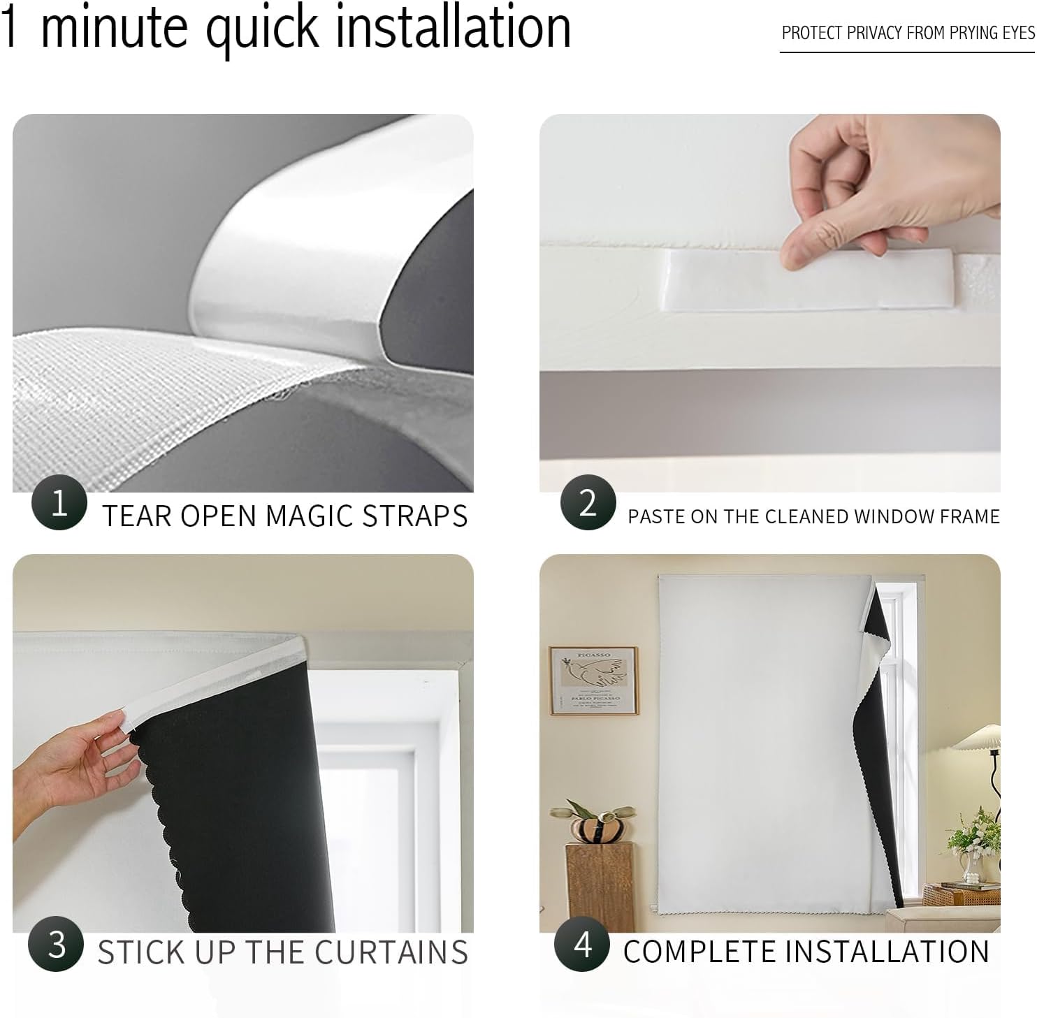 JILRON Adhesive Curtain 100% Blackout No-Drill Easy Install for Bedroom Blinds Light Blocking (White-47 W x 84" L-1P)