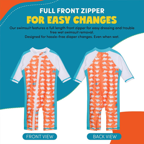 SwimZip UPF50+ Boys Swim Shirt, Long Sleeve One Piece Kids Sunsuit