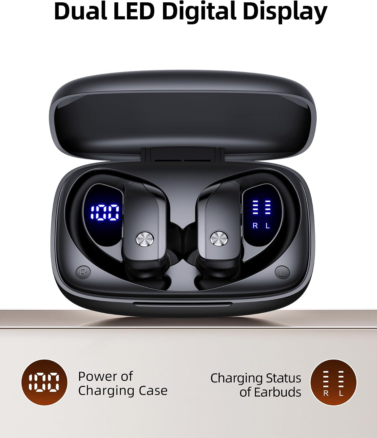 Wireless Earbuds Bluetooth Headphones Over Ear Hooks Ear Buds with 80H Playtime, LED Power Display, Dual Mic Clear Calls, Sports Wireless Ear Buds Bluetooth Earbuds for Running Gym Workout (Black)
