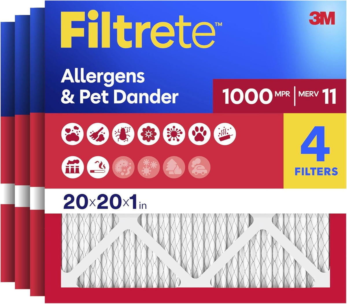 Filtrete 20x20x1 Air Filter, MERV 11, MPR 1000, 4 HVAC Filters