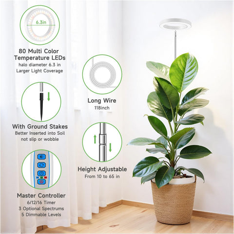 Aokrean Halo Plant Grow Light for Indoor Plants, 6.3in Full Spectrum White