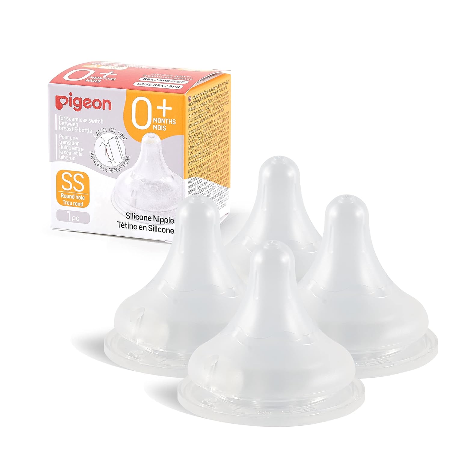 Pigeon Silicone Nipple (SS) with Latch-On Line, 0+ Months, 4 Count