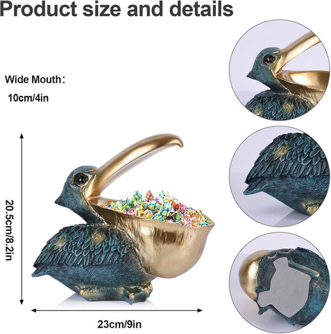 Pelican Key Holder Statues,Fun Animal Hippo Candy Dish,Candy Dish for Office Desk Unique,Modern Key Holder for Pelican Figurine,Suitability Desk bowl and Entry Table Decor Item (Green Gold)