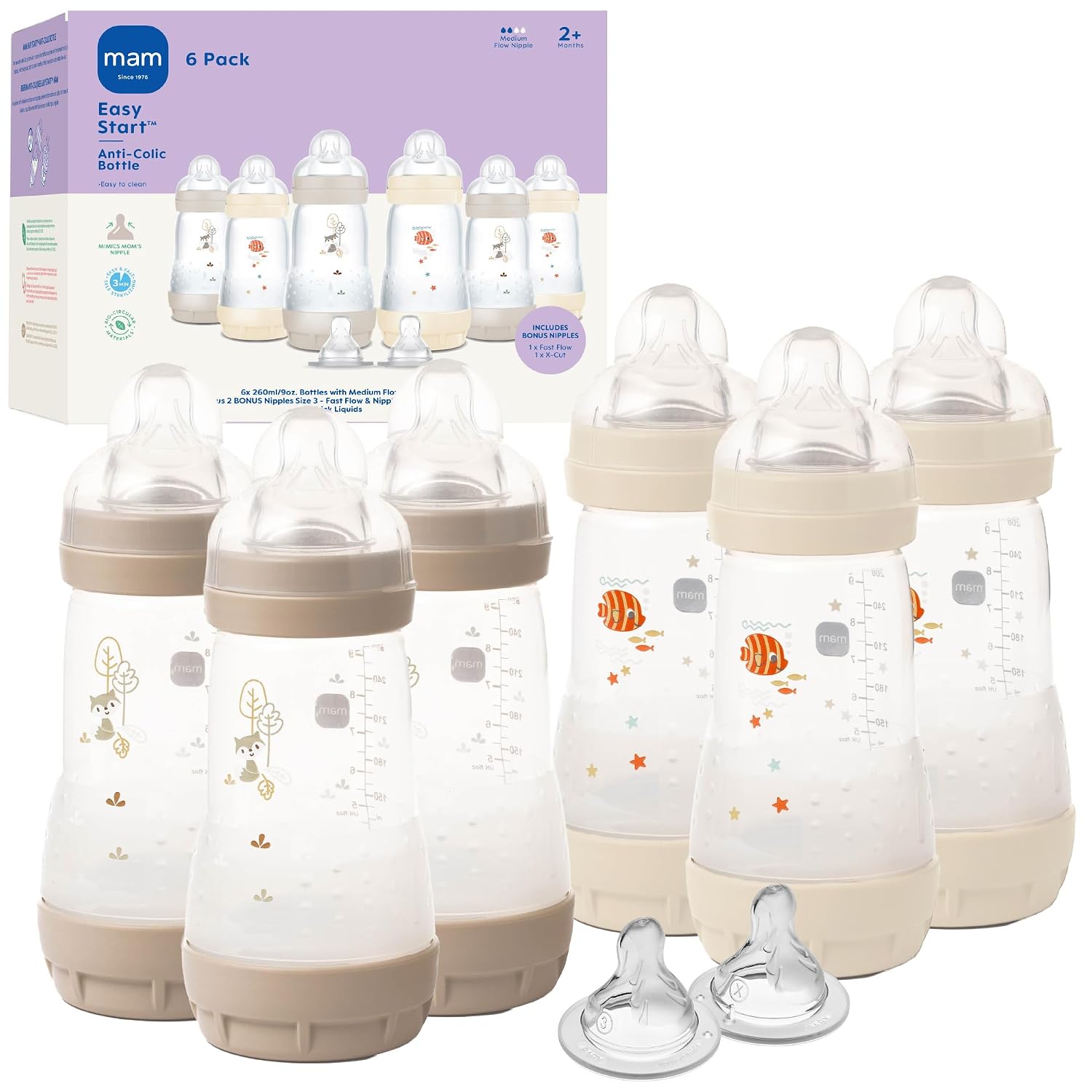 MAM 9oz Easy Start Anti-Colic+ Vented Baby Bottles, 2+ Months, 6 Pk, Unisex