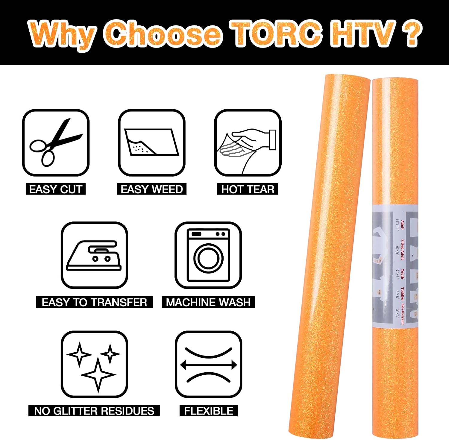 TORC Neon Glitter HTV Heat Transfer Vinyl Roll 12 inch x 10 ft (12 in x 5 ft per Roll) Iron on Vinyl for T Shirts Crafts