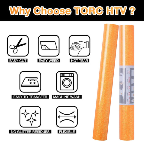 TORC Neon Glitter HTV Heat Transfer Vinyl Roll 12 inch x 10 ft (12 in x 5 ft per Roll) Iron on Vinyl for T Shirts Crafts