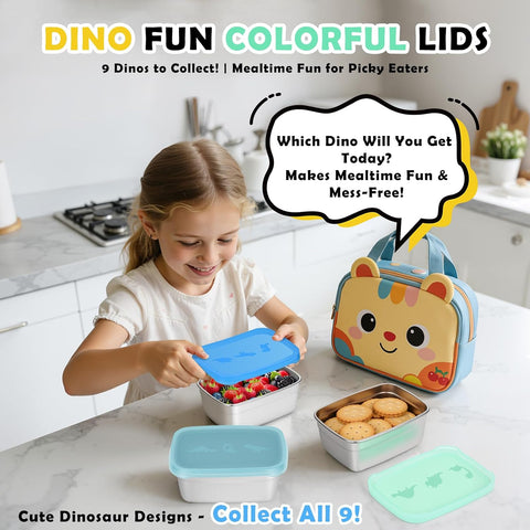 Tanjiae 3-Pack Stainless Steel Snack Containers for Kids & Toddlers - 550ml (18oz) Leakproof Colorful Lids with Cute Dinosaurs | LFGB Certified, Stackable Metal Lunch Box for Daycare, School, Travel