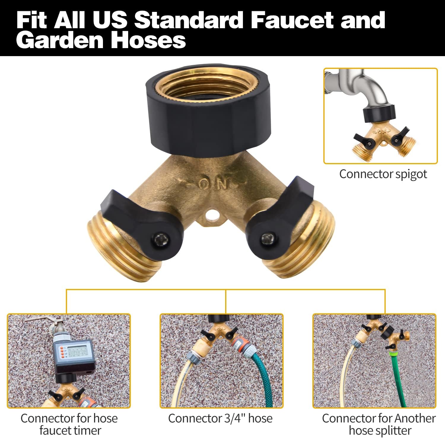 4 Pack Hose Splitter, 2 Way Heavy Duty Brass Garden Hose Splitter, for 3/4" Hose Connector, Brass Garden Hose Manifold with Rubber Washers & Tapes