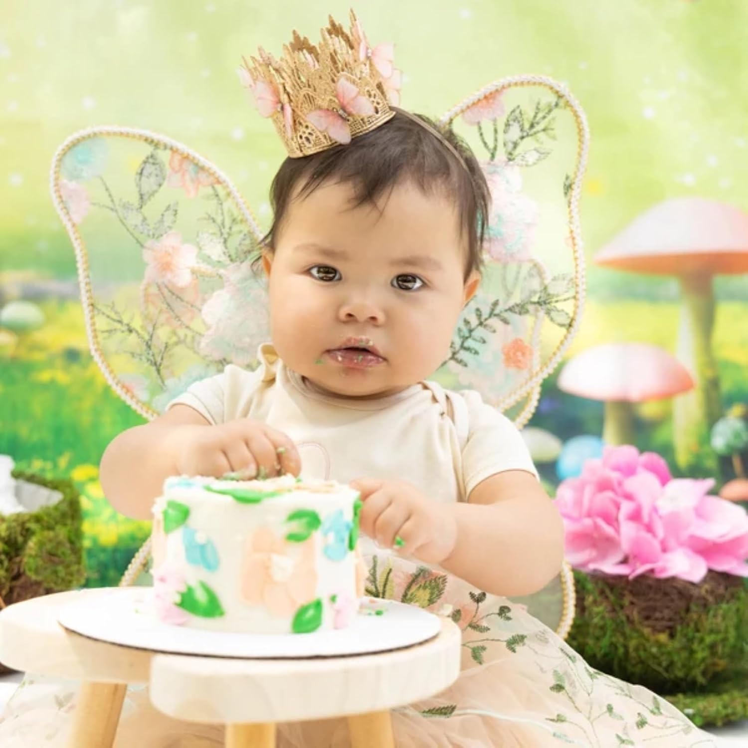 LOVECRUSH Crowns Fairy First Birthday Rose Gold Butterfly Crown, 1st Butterfly Tiara, Baby Girl, Cake Smash, Handmade USA