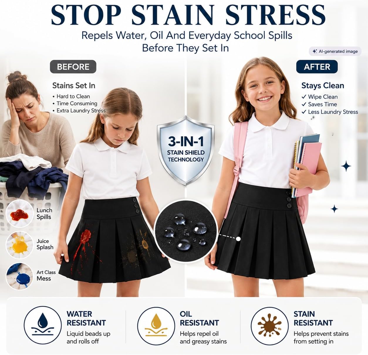 Bienzoe Girl School Uniform Skirt: Plain Pleated Skort