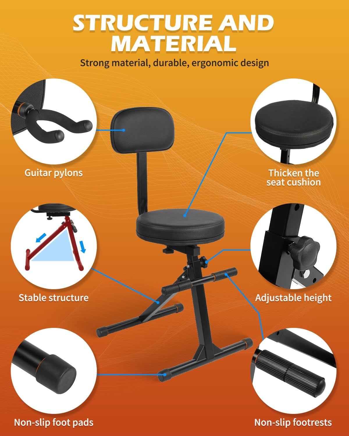 STRICH Guitar Stool With Backrest, Height Adjustable Seat With Hanger for Acoustic, Electric & Bass Guitars, Musician Drum Throne for Adults, Drummer, and Guitarist, SGT-30B