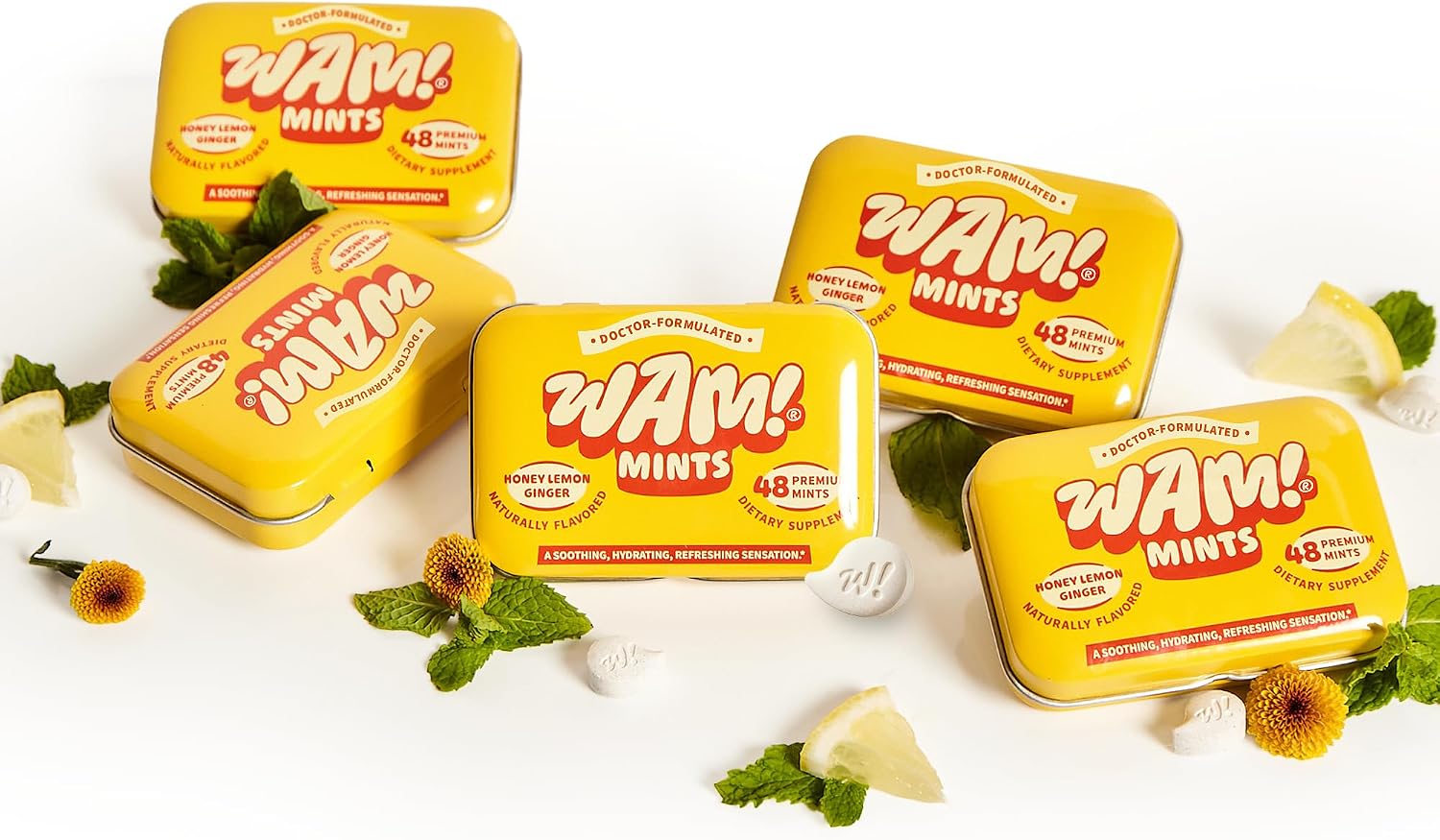WAM! Honey Lemon Ginger Mints, Sugar Free Breath Mints, 5 Tins