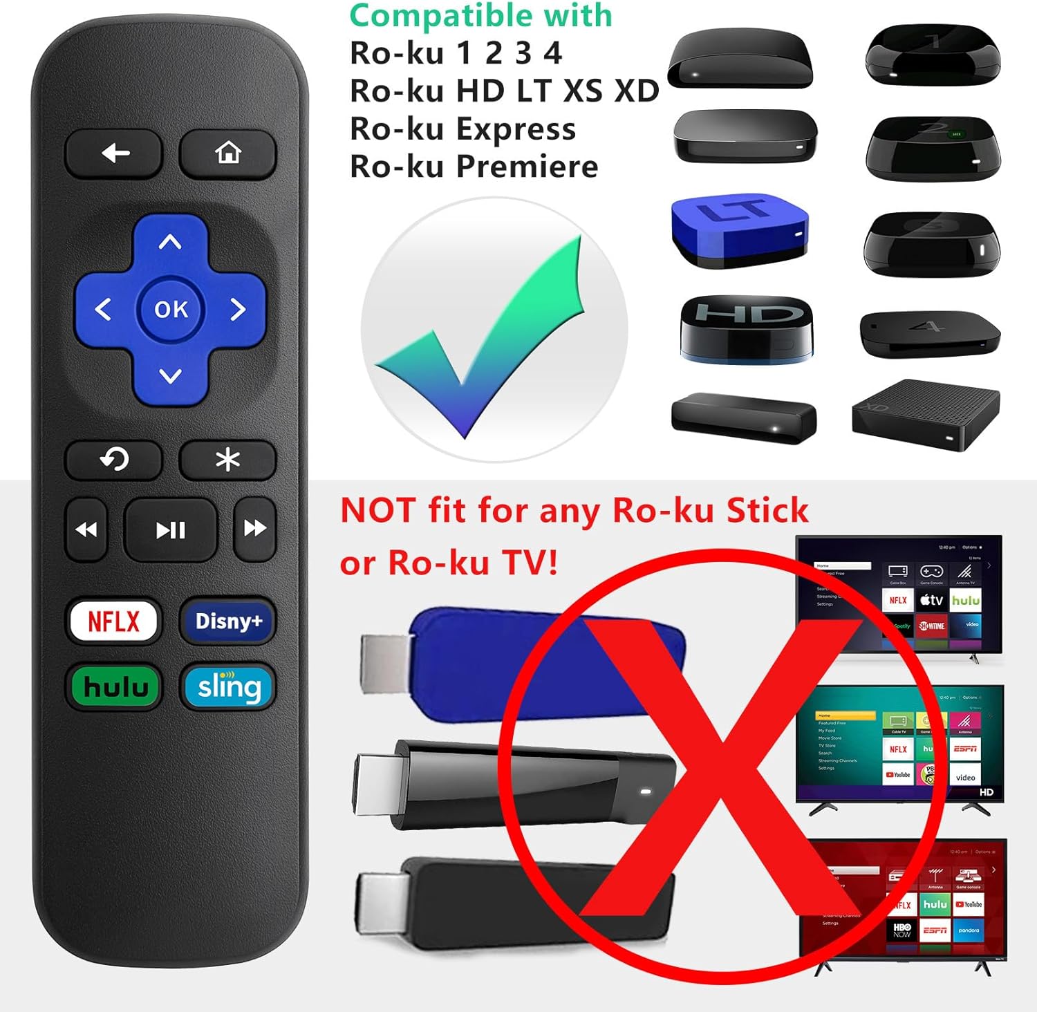 (2 Pack) Replacement Remote for Roku Box Express Player Premiere Control