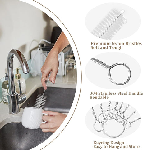 Yolaist 8 Pcs Bottle and Straw Cleaner, Long Deep Nylon Brush with Bendable Stainless Steel Flexible Handles for Bottles, Straws, Pipes, Wine Decanter, Sinks and Cup Cover