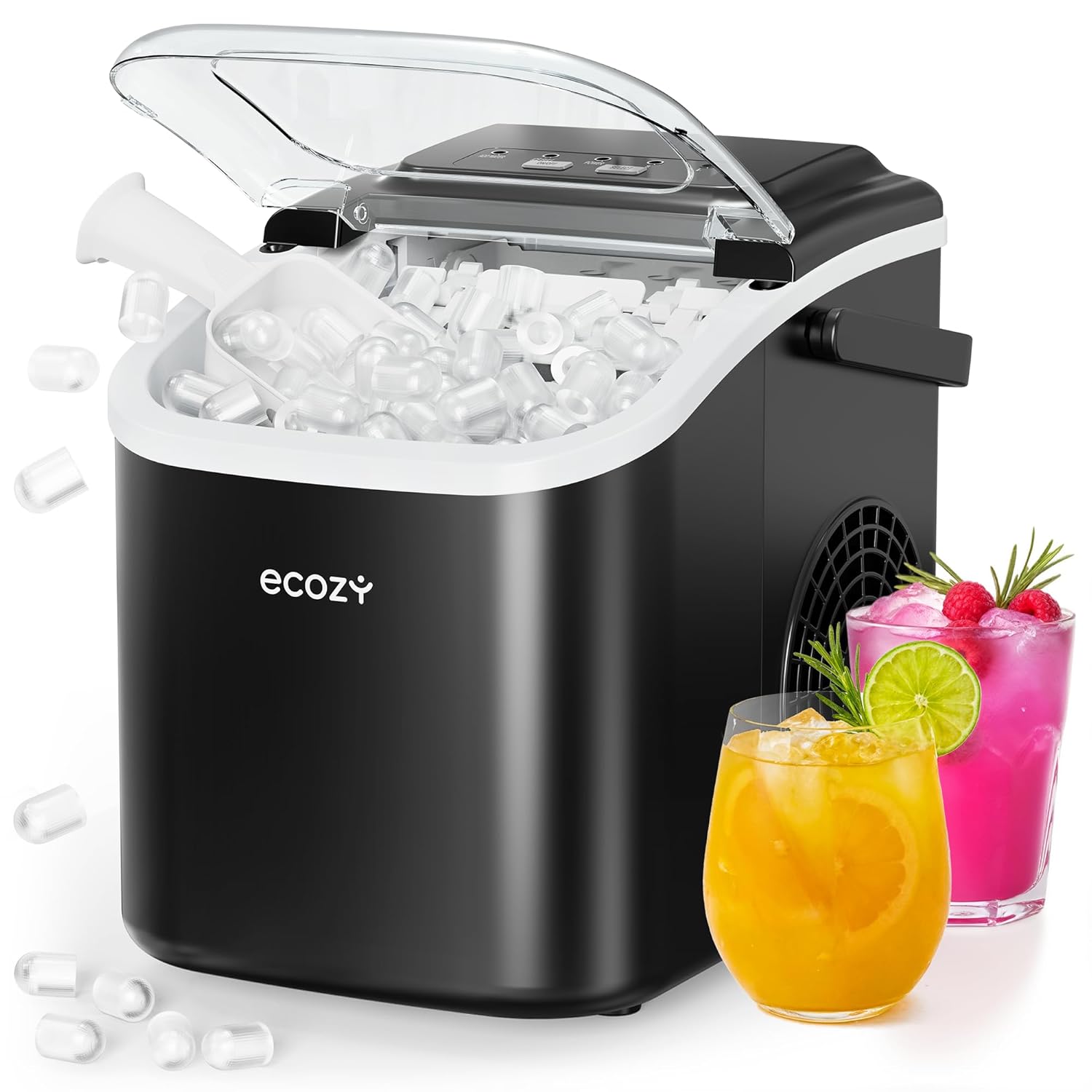 ecozy Portable Ice Makers Countertop, 8 Cubes in 6 Mins, 26lbs/Day - Black