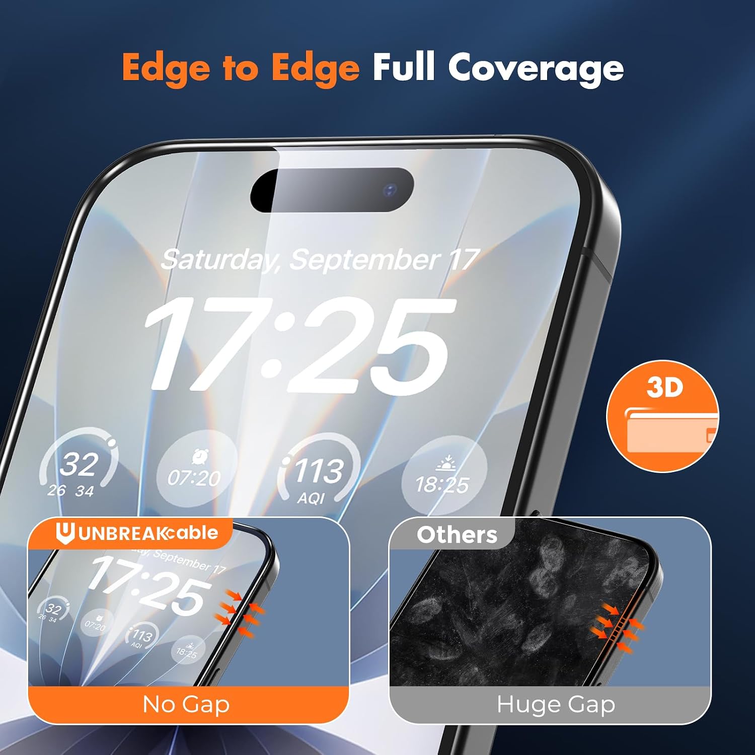 UNBREAKcable for iPhone 17 Screen Protector, 3-Pack Full Coverage Tempered Glass Screen [Military Grade Shatterproof] [9H Hardness] [Bubble Free] [Easy Installation] [99.99% HD Clear] for iPhone 17