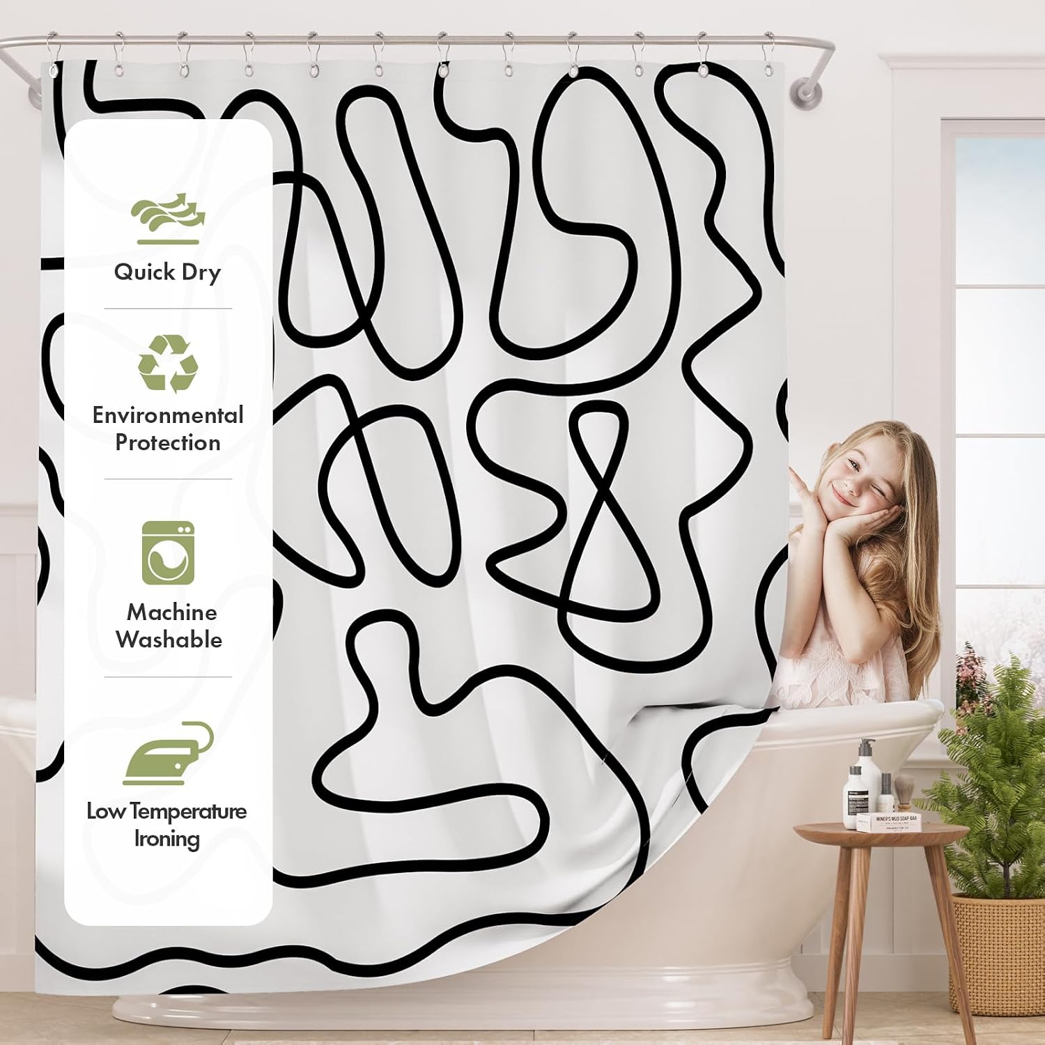 AmazerBath Shower Curtain, Washable Cloth Black and White Shower Curtain Sets with 12 Metal Shower Curtain Hooks, Rustic Abstract Black Lines Art Fabric Shower Curtains for Bathroom Decor, 72x72 Inch