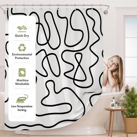 AmazerBath Shower Curtain, Washable Cloth Black and White Shower Curtain Sets with 12 Metal Shower Curtain Hooks, Rustic Abstract Black Lines Art Fabric Shower Curtains for Bathroom Decor, 72x72 Inch