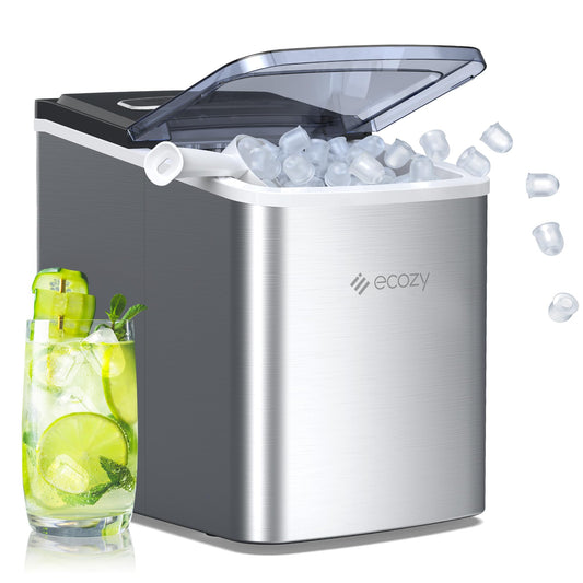 ecozy Portable Ice Maker Countertop, 9 Cubes Ready in 6 Mins, 26.5 lbs in 24 Hours, Self-Cleaning Ice Maker Machine with Ice Bags/Ice Scoop/Ice Basket for Home Kitchen Office Bar Party, Silver