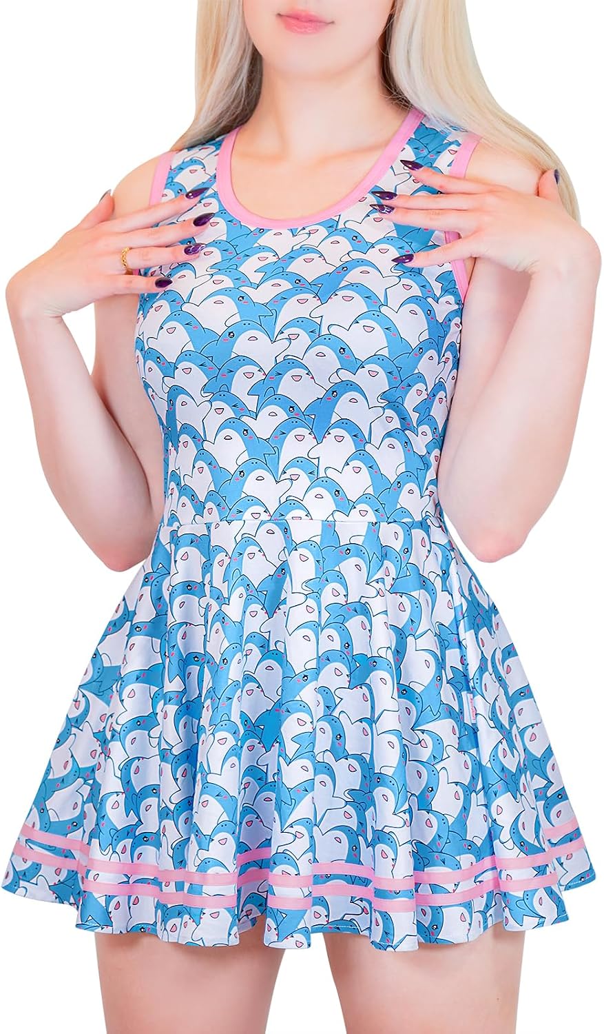 Littleforbig Women Silky Sleeveless Overall Shark Friend Bodycon Mini Dress Skirt