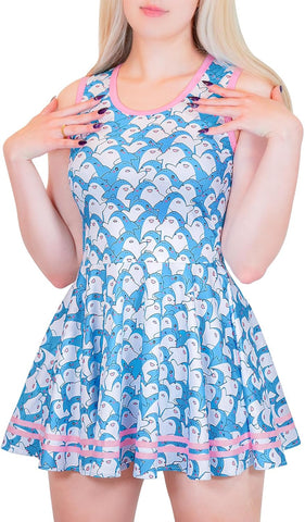 Littleforbig Women Silky Sleeveless Overall Shark Friend Bodycon Mini Dress Skirt