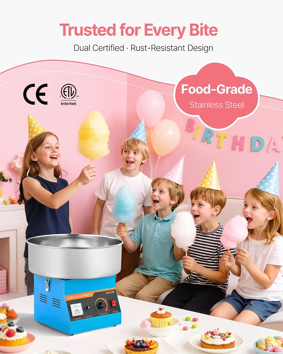 VEVOR Cotton Candy Machine Commercial, 1000W Electric Candy Floss Maker, Easy Use with 15 inch Stainless Steel Bowl and Sugar Scoop, Makes Hard Candy for Home Kids Birthday, Family Party, Blue
