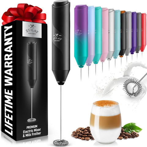 Zulay Kitchen Powerful Milk Frother Wand - Handheld Stainless Steel - Battery Operated Drink Mixer for Coffee, Lattes, Cappuccino, Matcha - Froth Mate Frother Gift - Absolute Black